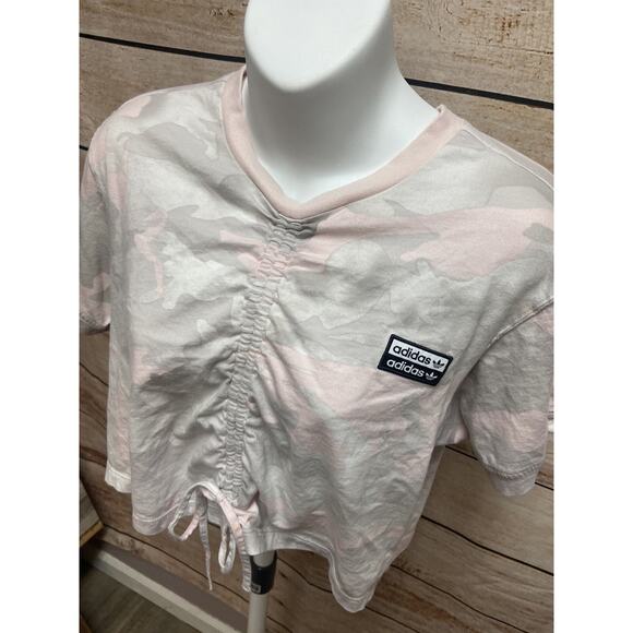 Adidas Womens Crop Top Shirt Size Small Cinch Front Pink Camo Short Sleeve - Picture 7 of 11